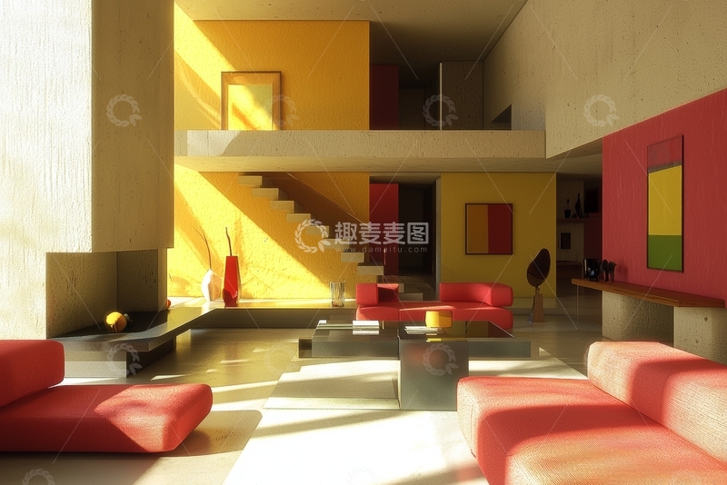 高清大图下载【趣麦麦图】现代客厅设计，色彩鲜明的室内空间