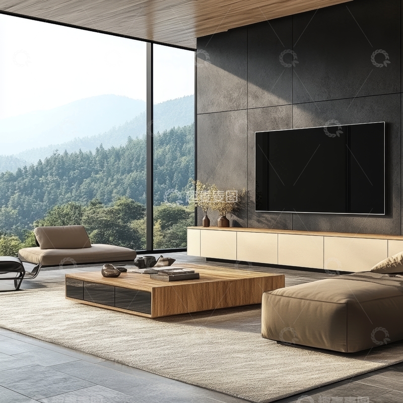 高清大图下载【趣麦麦图】现代客厅设计，窗外山景一览无余