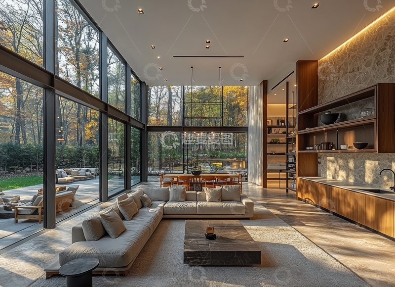 高清大图下载【趣麦麦图】现代客厅与户外景观的完美融合