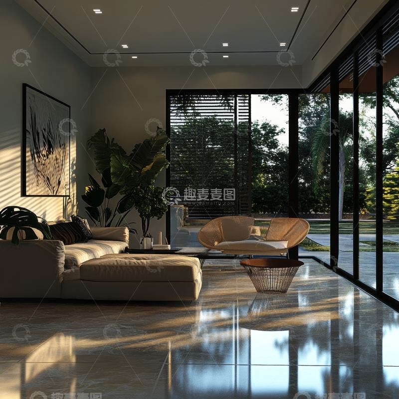 高清大图下载【趣麦麦图】现代客厅设计，自然光与绿植点缀
