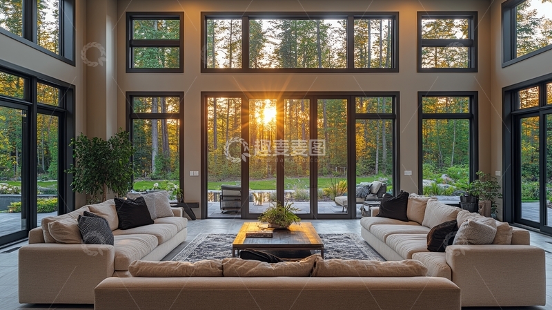 高清大图下载【趣麦麦图】现代客厅与落地窗日落景色