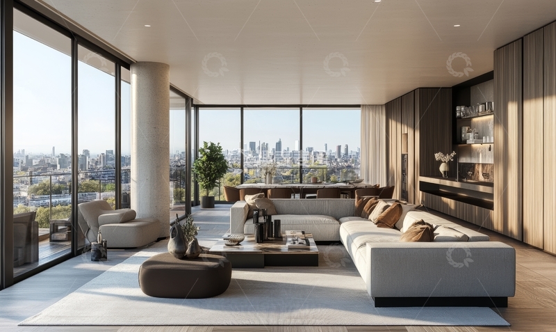 高清大图下载【趣麦麦图】现代客厅全景落地窗城市景观