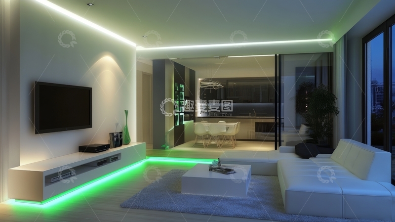 高清大图下载【趣麦麦图】现代客厅设计，绿色灯带装饰