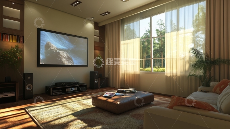 高清大图下载【趣麦麦图】现代客厅，大屏幕电视与温馨布置
