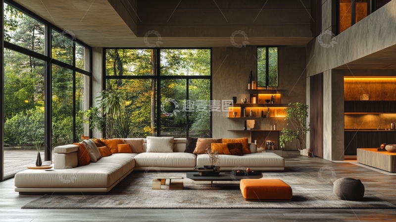 高清大图下载【趣麦麦图】现代客厅设计，自然光与绿植相映成趣