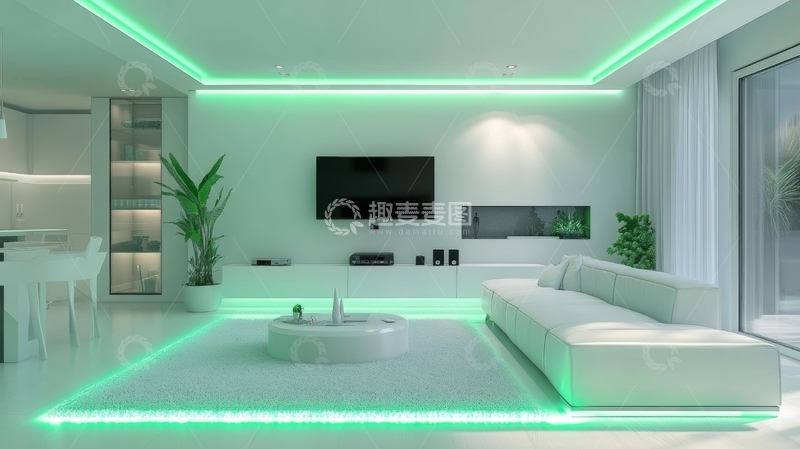 高清大图下载【趣麦麦图】现代客厅，绿色霓虹灯装饰