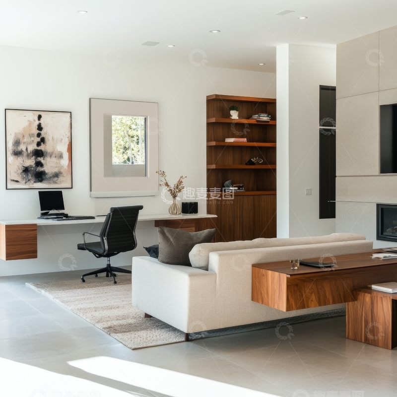 高清大图下载【趣麦麦图】现代简约客厅与办公区结合设计