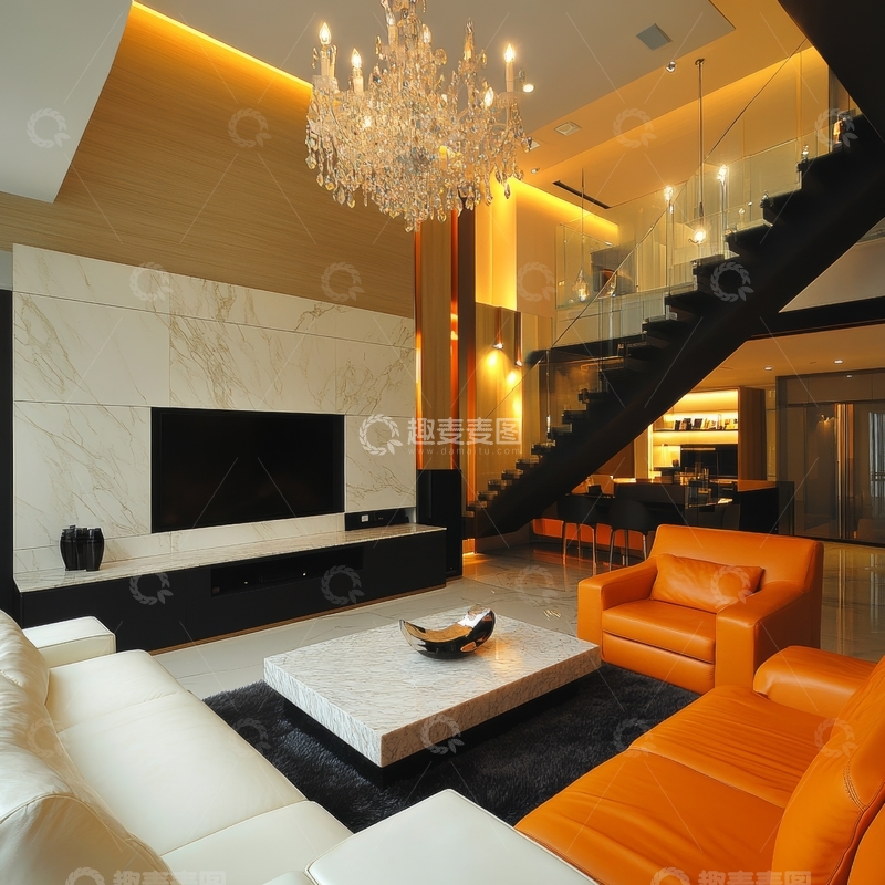 高清大图下载【趣麦麦图】现代客厅设计，橙色沙发与大理石壁炉