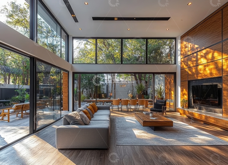 高清大图下载【趣麦麦图】现代客厅与户外花园的无缝连接