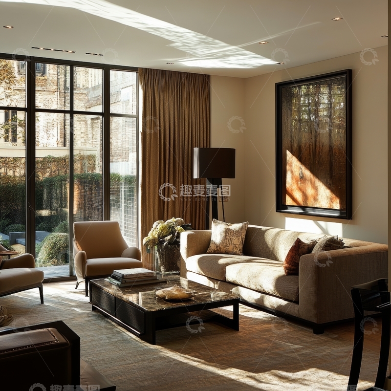 高清大图下载【趣麦麦图】现代客厅，阳光透过大窗洒落