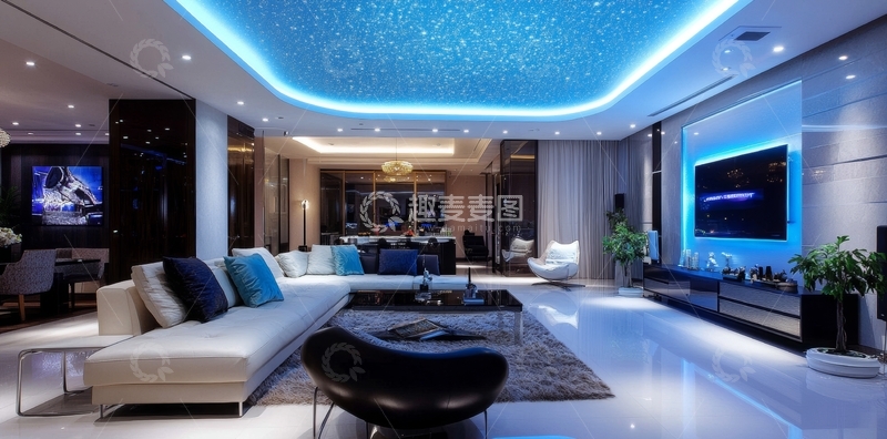 高清大图下载【趣麦麦图】现代客厅设计，星空顶与蓝色灯光