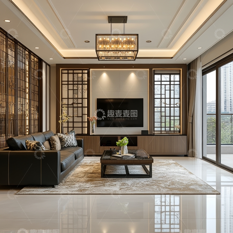 高清大图下载【趣麦麦图】现代中式客厅设计，简约大气