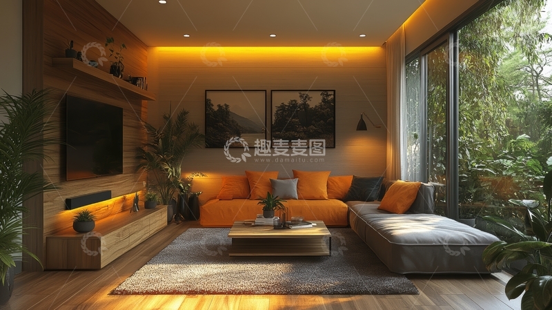 高清大图下载【趣麦麦图】温馨现代客厅，暖光装饰与绿植环绕