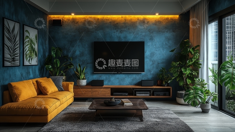 高清大图下载【趣麦麦图】现代客厅设计，蓝色墙壁与橙色沙发