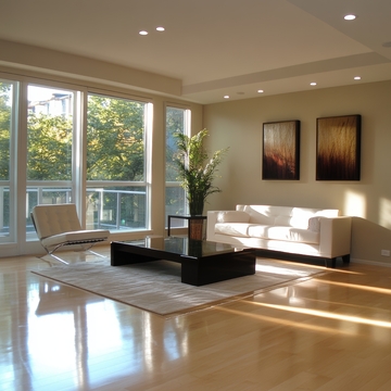 现代客厅设计，阳光透过大窗洒入