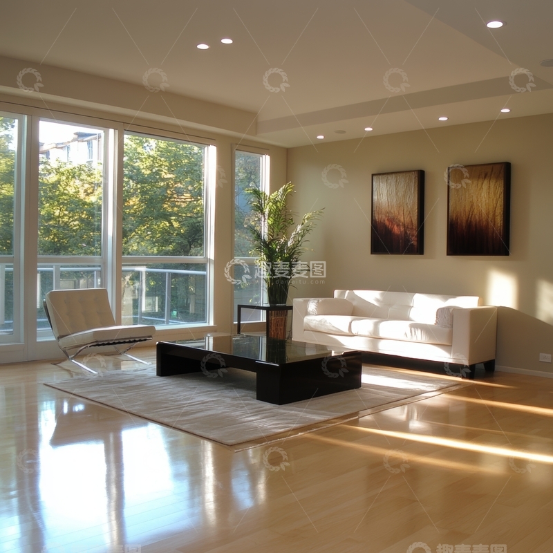 高清大图下载【趣麦麦图】现代客厅设计，阳光透过大窗洒入