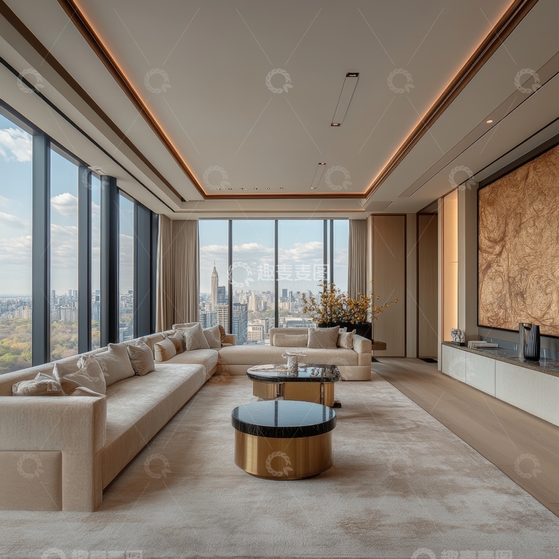 高清大图下载【趣麦麦图】现代豪华客厅，全景落地窗视野