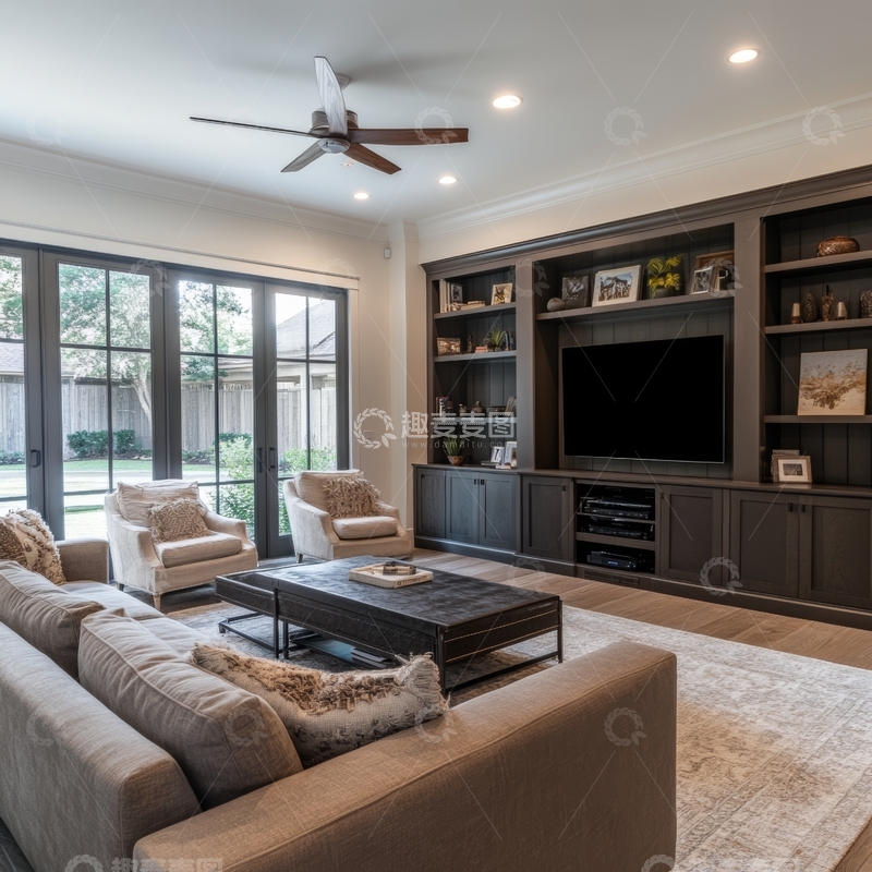 高清大图下载【趣麦麦图】现代客厅，配备电视柜和舒适沙发