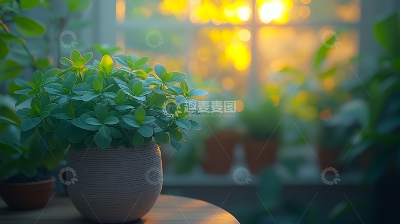 高清大图下载【趣麦麦图】窗边绿植沐浴晨光