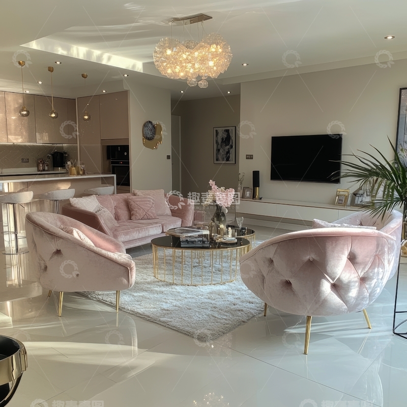 高清大图下载【趣麦麦图】现代客厅设计，粉色沙发与金色装饰