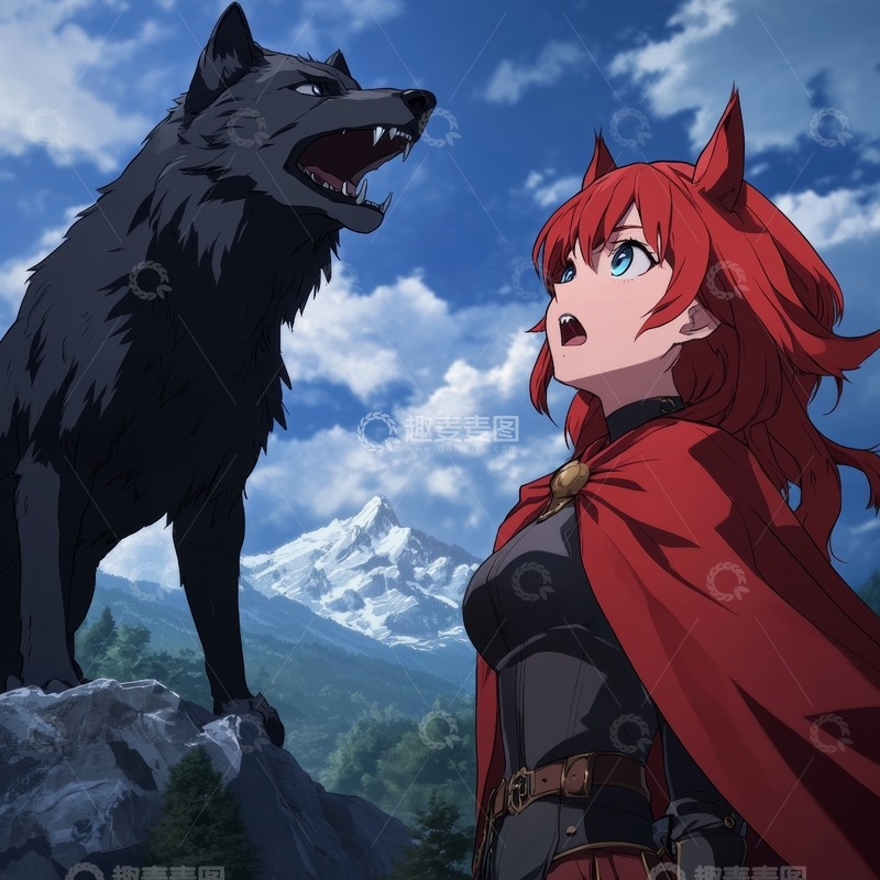 高清大图下载【趣麦麦图】红发少女与黑狼的山间对视