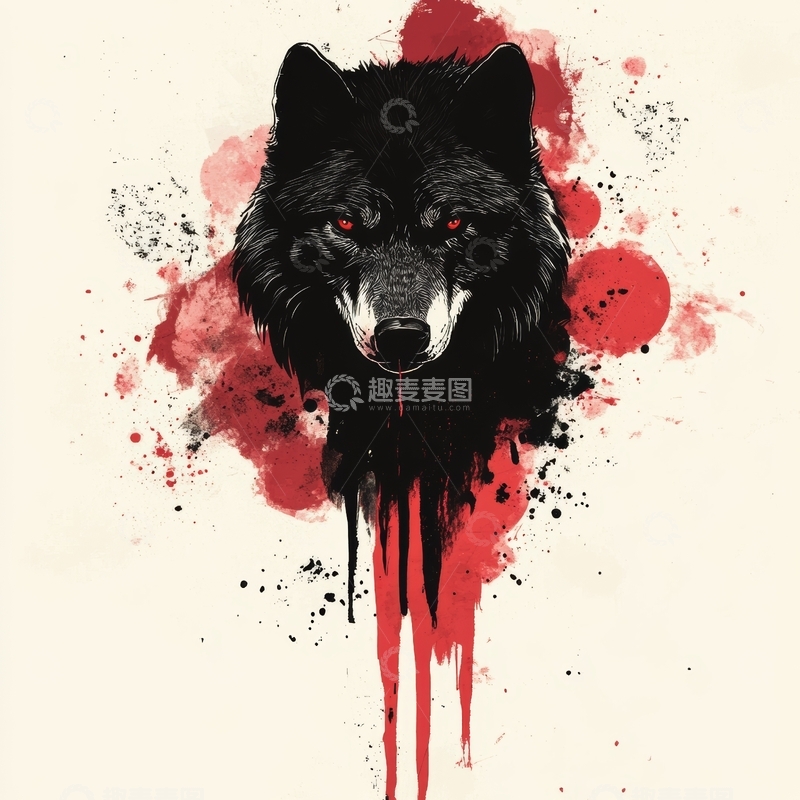 高清大图下载【趣麦麦图】黑狼血色背景艺术插画