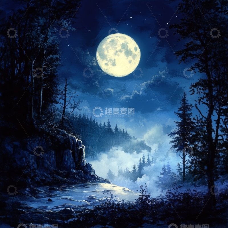 高清大图下载【趣麦麦图】月夜森林，雾气缭绕