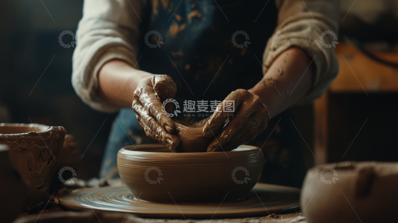高清大图下载【趣麦麦图】陶艺师专注制作陶瓷器皿