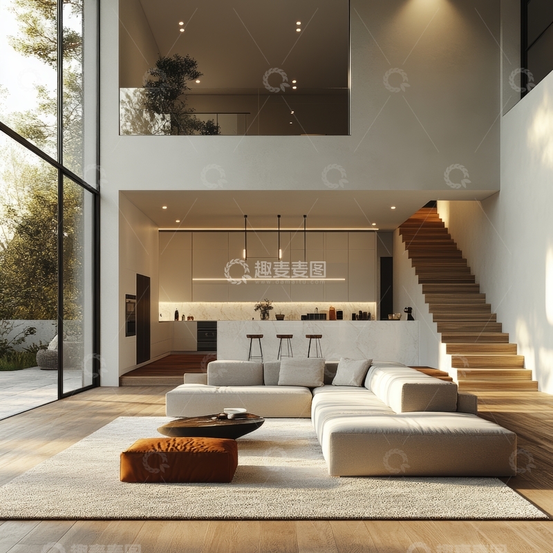 高清大图下载【趣麦麦图】现代简约客厅与开放式厨房设计