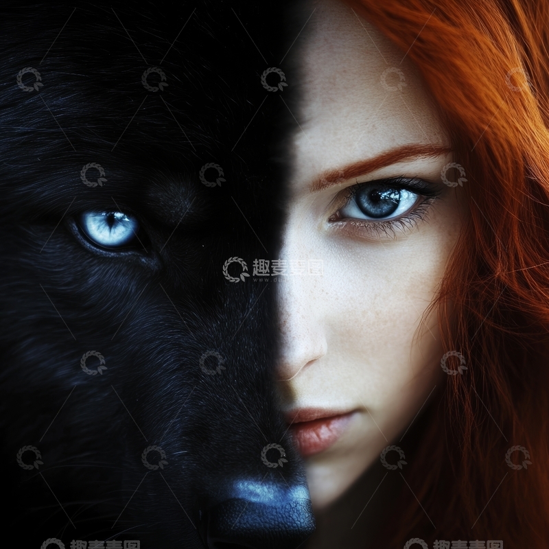 高清大图下载【趣麦麦图】红发女子与黑狼的神秘凝视