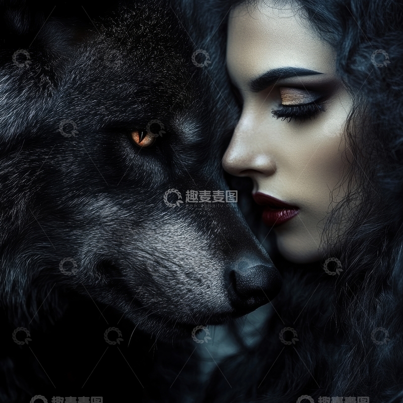 高清大图下载【趣麦麦图】神秘女子与黑狼的亲密瞬间