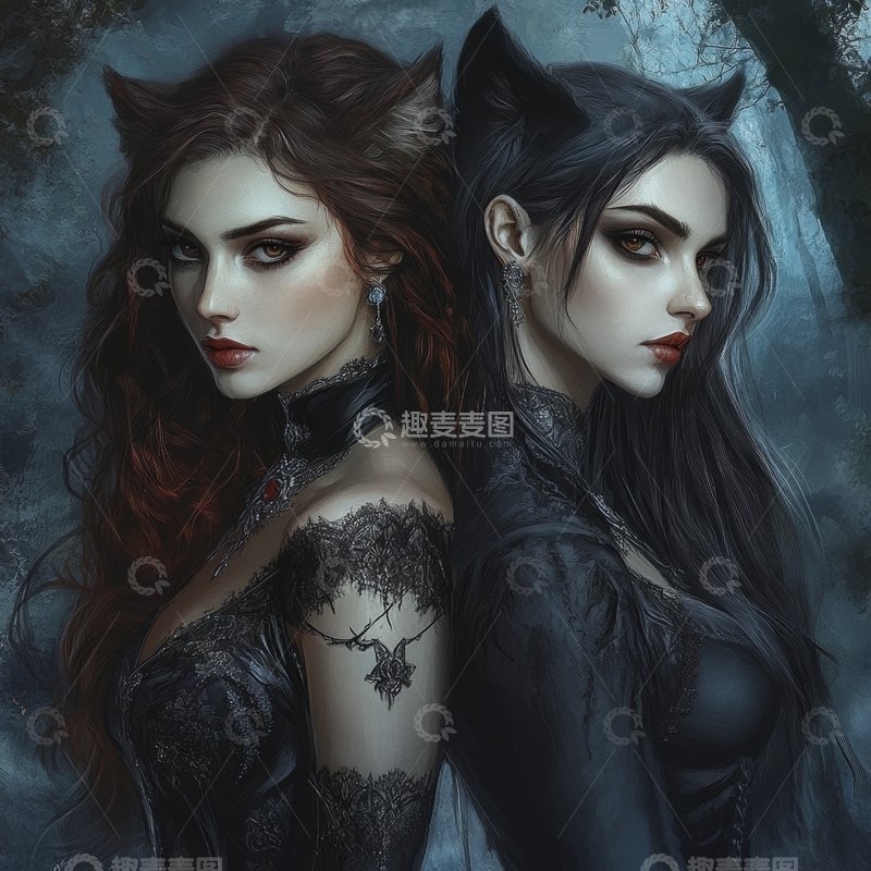 高清大图下载【趣麦麦图】神秘双姝：猫耳少女的幽暗魅力