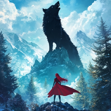 红衣女子与巨狼在雪山之巅