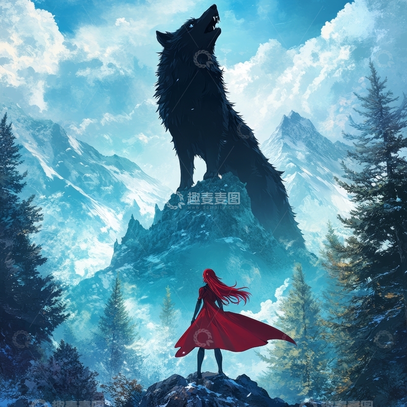 高清大图下载【趣麦麦图】红衣女子与巨狼在雪山之巅