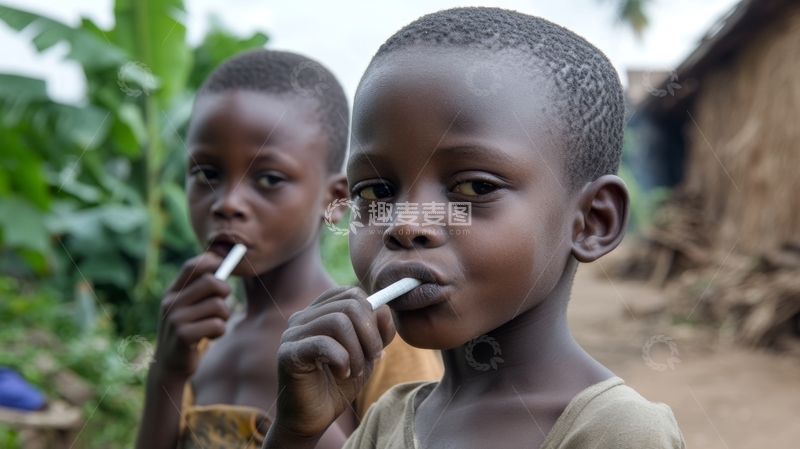 高清大图下载【趣麦麦图】两个小孩在户外刷牙