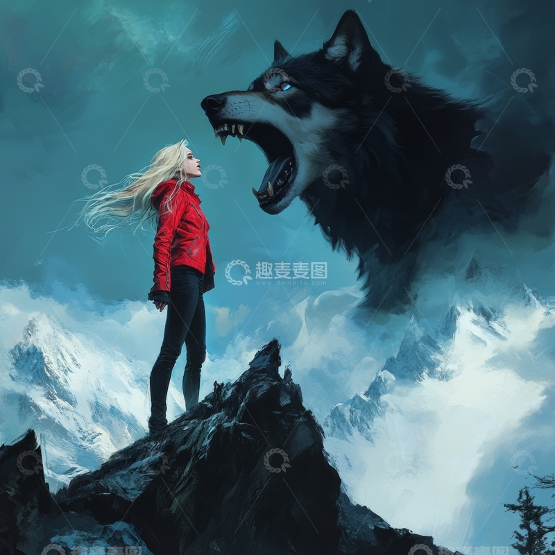 高清大图下载【趣麦麦图】女子山巅凝视巨狼