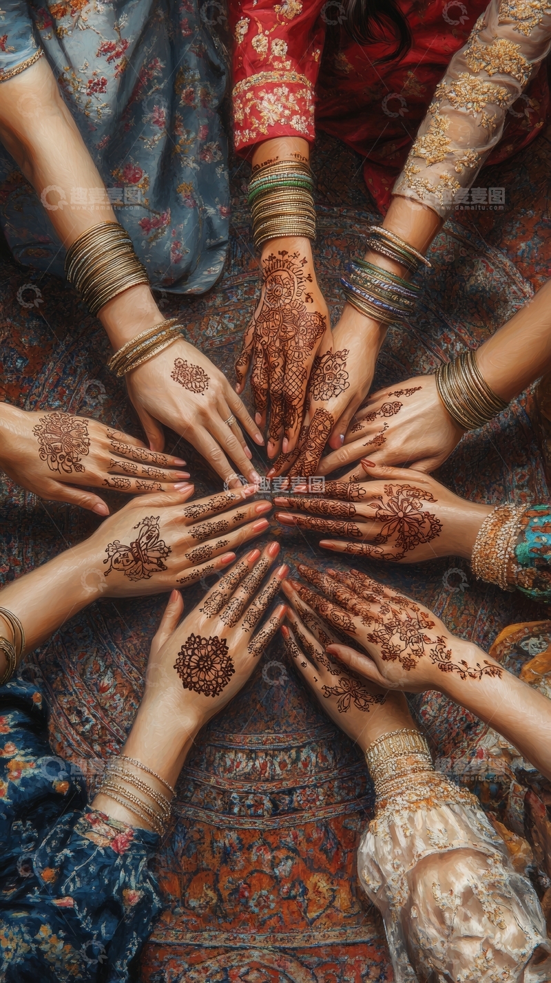 高清大图下载【趣麦麦图】多只手展示精美传统手绘纹饰