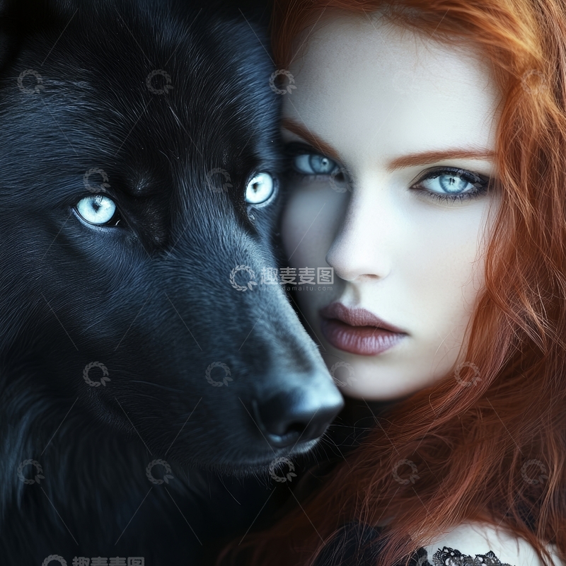 高清大图下载【趣麦麦图】红发女子与黑狼的亲密瞬间