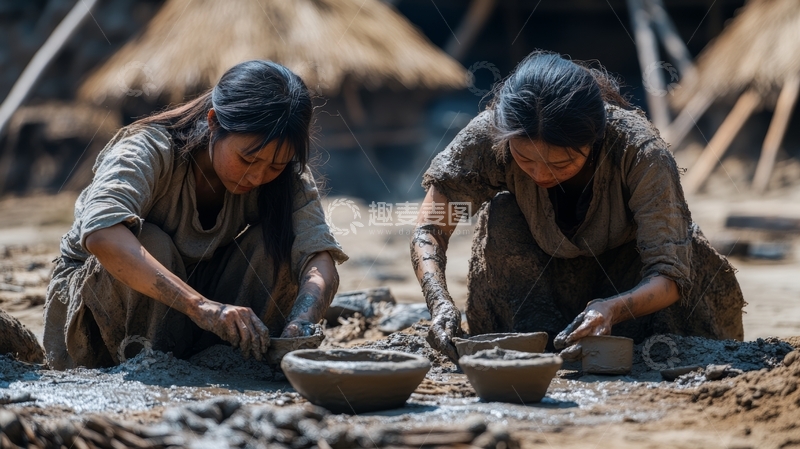两位女子在泥土地上劳作