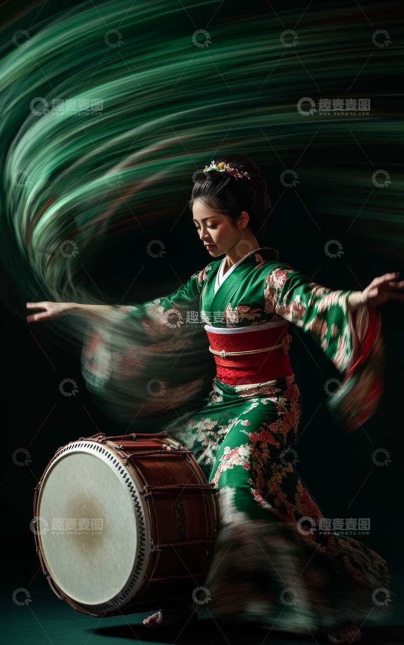 和服女子击鼓，绿色光影环绕