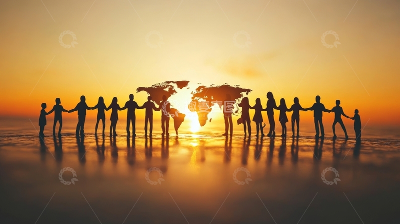 高清大图下载【趣麦麦图】全球团结：手拉手的人群剪影