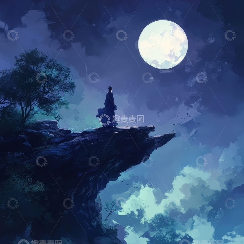 高清大图下载【趣麦麦图】月下悬崖上的孤独身影