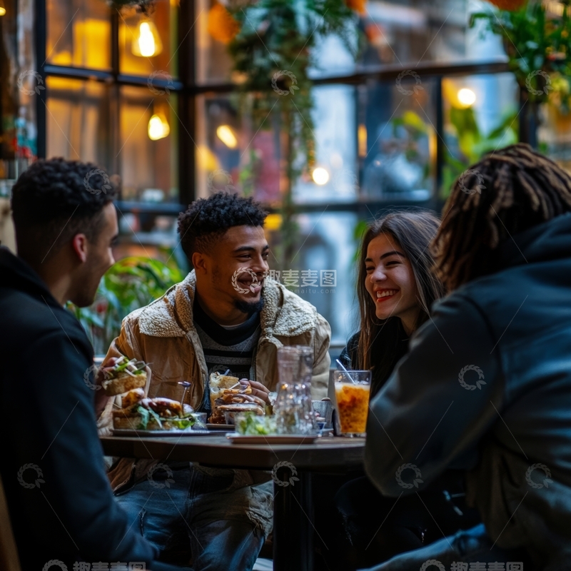 高清大图下载【趣麦麦图】四人围坐餐桌，共享美食与欢笑