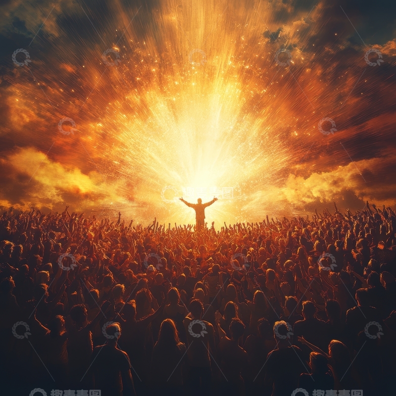 高清大图下载【趣麦麦图】人群仰望光芒四射的天空