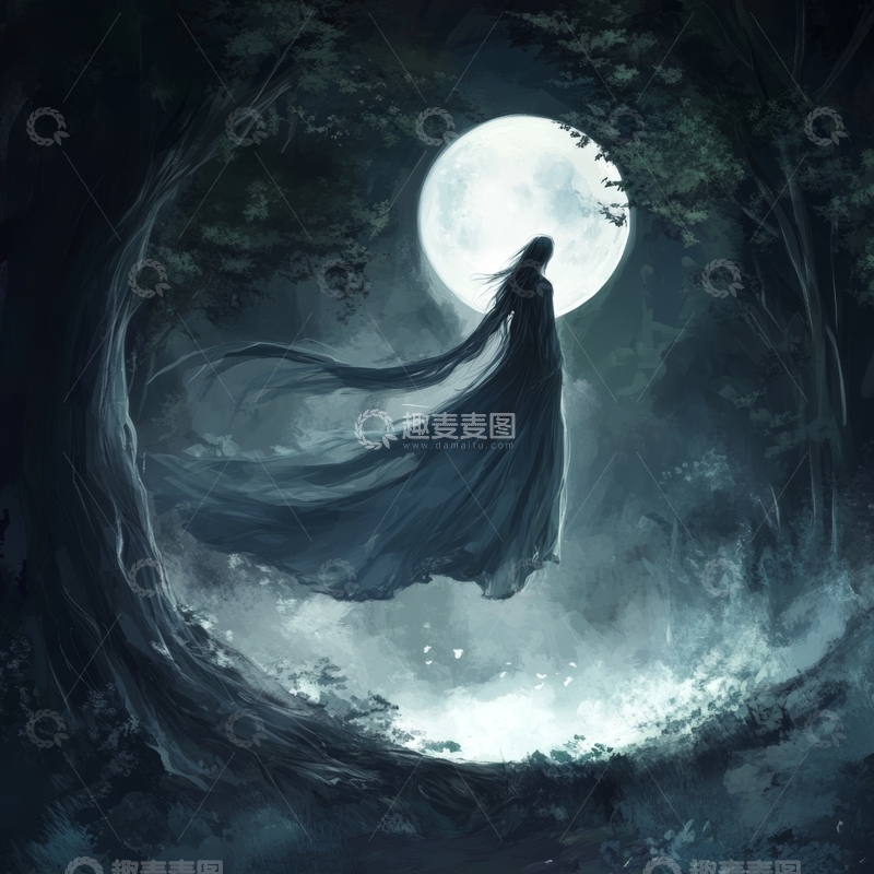 高清大图下载【趣麦麦图】月光下的神秘斗篷人物