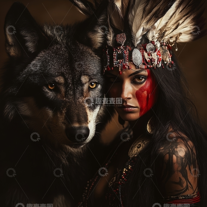 高清大图下载【趣麦麦图】神秘女子与狼的肖像