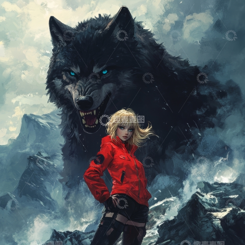 高清大图下载【趣麦麦图】红衣女子与巨狼在雪山之巅