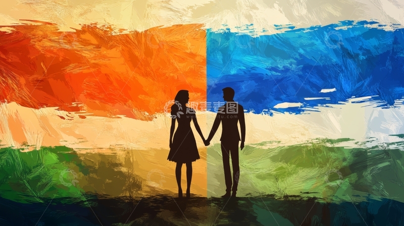 高清大图下载【趣麦麦图】牵手情侣与彩色背景
