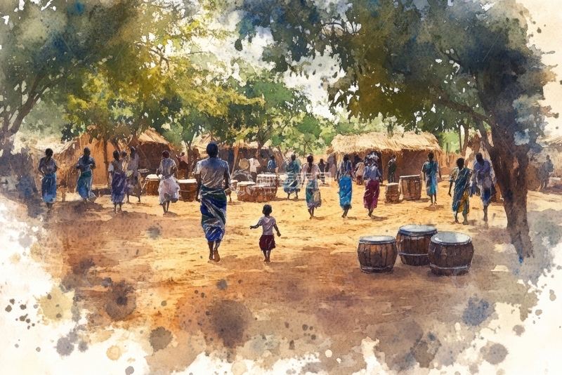 高清大图下载【趣麦麦图】乡村集会：鼓乐与欢舞