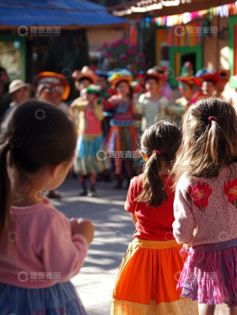 孩子们观看街头传统舞蹈表演
